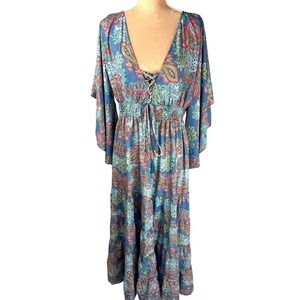 BOEMO Anthropologie Midi Dress Sz Lg V Neck‎ Tassels Bat Wing Sleeve Tiered Boho